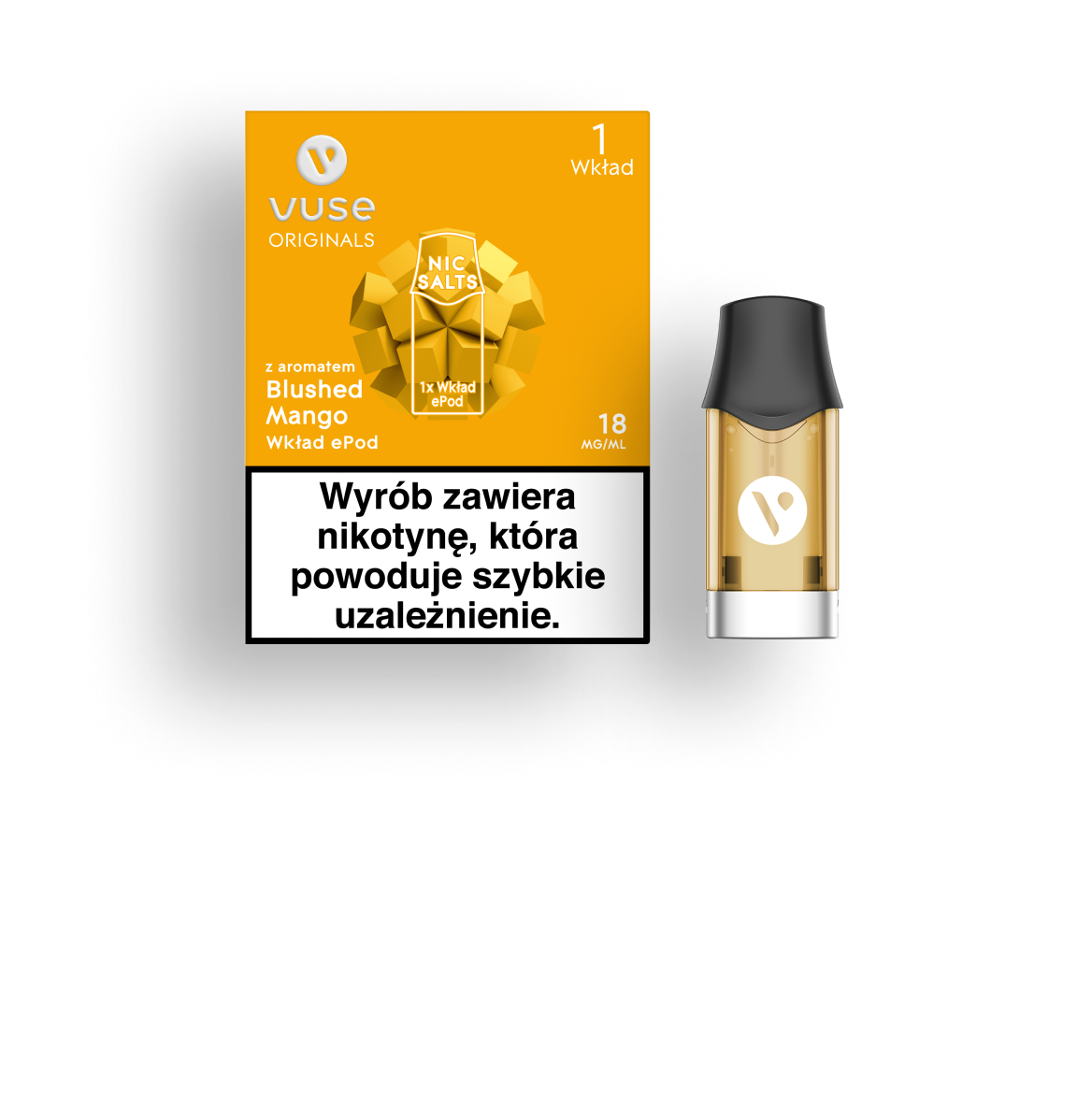 Urządzenie Vuse ePod 2 oraz Vuse eTank Mini na pomarańczowym tle