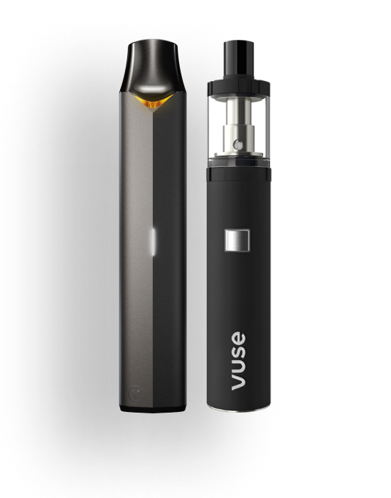 Urządzenie Vuse ePod 2 oraz Vuse eTank Mini na pomarańczowym tle